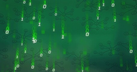 Wall Mural - Cascading binary digits forming schematic network node diagrams in virtual environment, green theme