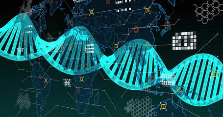 Wall Mural - Spanning cyan DNA double helix glowing over dark grid world map, with geometric data overlays