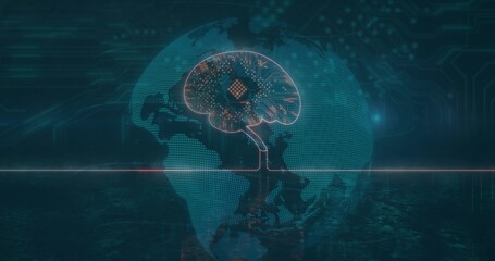 Wall Mural - Dotted globe linking microchip brain graphic in circuit patterns over water surface, with neon line