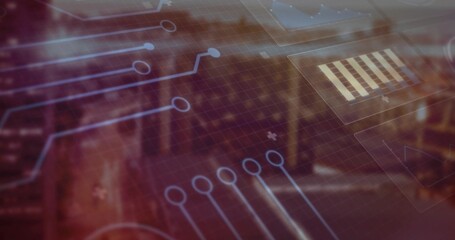 Wall Mural - Displaying translucent digital circuit overlay floating over blurred city with grid and bar chart