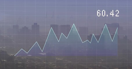 Wall Mural - Displaying light-blue line chart overlay on grid over hazy city skyline with numeric label 60