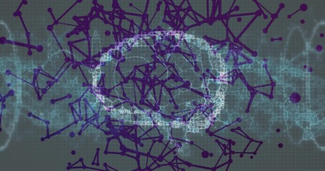 Wall Mural - Presenting brain network forming by pixel blocks in gray grid, with purple nodes and cyan waveforms