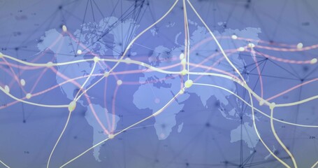 Wall Mural - Showing translucent world map outline on GUI grid, highlighting glowing nodes forming curving lines