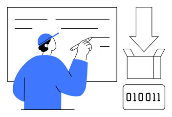 Wall Mural - Person writing on a board, organizing tasks linked to an open box, downward arrow, and binary code. Ideal for programming, logistics, planning, innovation, education teamwork simple flat metaphor