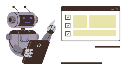 Robot holding clipboard reviewing checklist on screen with marked items. Ideal for AI, automation, efficiency, productivity, task management, technology, futuristic designs. Simple flat metaphor