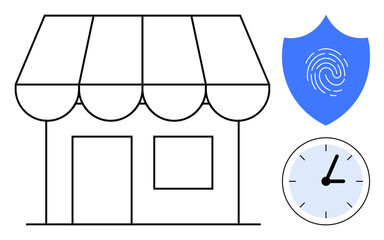Wall Mural - Storefront facade with awning alongside a clock and fingerprint shield graphic. Ideal for security, retail, business efficiency, time management, identity verification, operations, privacy concept