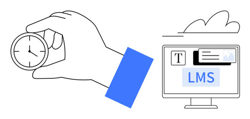 Wall Mural - Hand holding analog clock for time focus next to desktop screen with LMS interface. Ideal for education, scheduling, efficiency, learning tools, productivity, time-saving, simple flat metaphor