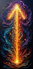 Wall Mural - An abstract upward arrow, crafted with intricate feathery details, and glowing bright colors. It symbolizes ascension and transformation against a dark backdrop.