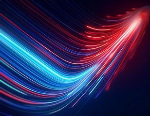 Wall Mural - A dynamic abstract image features vibrant streaks of blue and red light, creating an illusion of motion and energy against a dark background. The lines flow and converge, suggesting movement and a sen