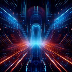 Wall Mural - A futuristic, neon-lit pathway unfolds. Geometric shapes, illuminated lines, and symmetry create a sense of depth and energy. Intense reds and blues dominate the scene, forming an ethereal digital tun