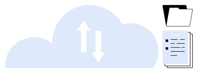 Wall Mural - Cloud with up and down arrows showing data exchange, alongside stacks of documents and folders. Ideal for file storage, cloud computing, data transfer, document management, sharing, workflow