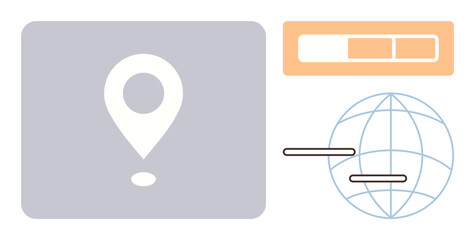 Wall Mural - Abstract location marker, progress bar, and wireframe globe emphasize navigation, tracking, and global reach. Ideal for technology, logistics, communication, progress efficiency global networking