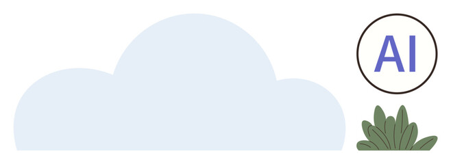 Wall Mural - Minimalistic cloud with circular AI text and a small green leaf plant. Ideal for technology, artificial intelligence, sustainability, digital innovation, environmental solutions, computing, modern