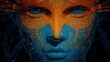 © kirania - Futuristic digital face mask with intricate orange and blue circuitry patterns.