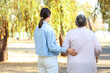 © Pixel-Shot - Senior woman with caregiver walking in park, back view