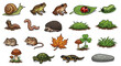 © PixelWallpaper - Collection of woodland creatures pixel art style various animals and plants forest ecosystem