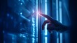 © sungedi - Finger touches glowing digital screen in dark server room.