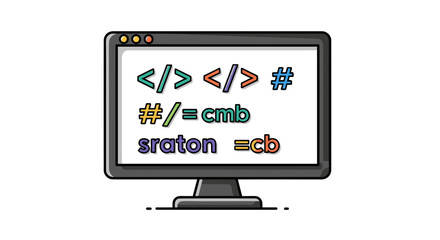 Computer monitor displaying coding symbols and text for programming and technology concept