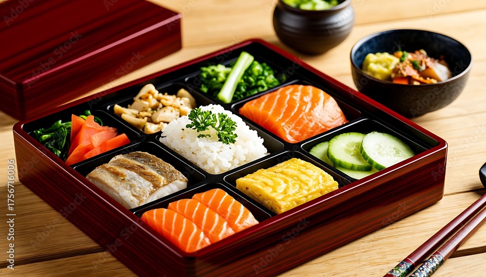 Japanese bento box arranging fresh salmon sashimi, grilled fish, rice ...