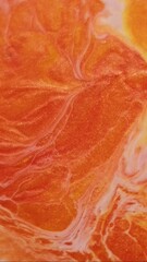 Wall Mural - Vertical video. Glitter liquid. Paint mix. Orange color shiny art fluid blend white acrylic flow. Defocused vivid marble abstract background.
