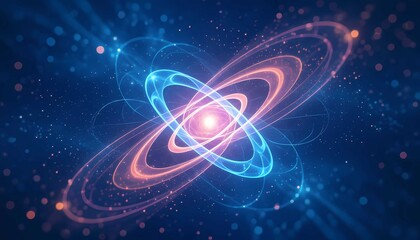 This dynamic abstract image shows a glowing quantum atom with futuristic orbit rings, symbolizing science, technology, and cosmic energy in space