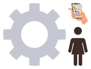 Wall Mural - Gear symbol beside person silhouette and hand holding smartphone with payment app. Ideal for technology, innovation, automation, user engagement, fintech, accessibility, and simplicity as a flat