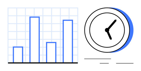 Wall Mural - Bar chart with grid lines paired with a modern clock design. Ideal for analytics, reporting, planning, productivity, efficiency, time tracking, and workflow. Minimalist flat metaphor