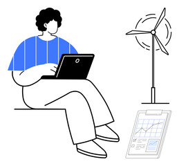 Wall Mural - Person seated with laptop, wind turbine and energy analysis clipboard. Ideal for sustainability, clean energy, remote work, technology, innovation, data analysis eco-friendly living. Simple flat