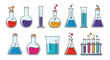 © Oskars - An assortment of colorful laboratory flasks and beakers filled with various liquids undergoing chemical reactions.