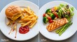 © Fahmi - A powerful visual of dietary transformation, contrasting a high-calorie fast food meal with a nutritious, balanced plate of grilled salmon and fresh vegetables