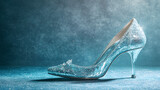 Cinderella's glass slipper on a blue background with copy space. Illustration of a princess shoe concept background.