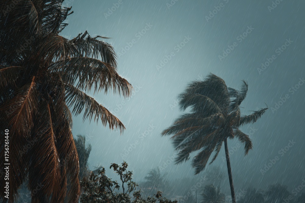 Rainstorm causes strong winds to sway coconut trees in a tropical ...