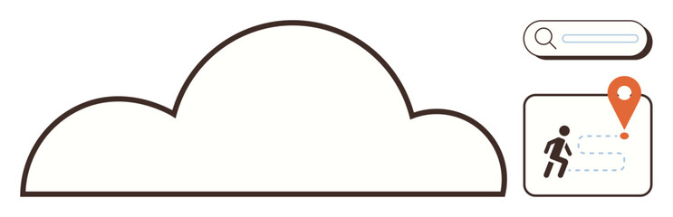 Cloud shape, search bar, and pinned location icon with walking figure. Ideal for technology, navigation, cloud computing, data storage, geolocation, search functionality simple flat metaphor
