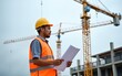 © Matthew - Male site engineer or foreman doing construction site inspection. Asian worker man with orange reflective vest and safety helmet checking blueprint and looking at building structure and tower crane