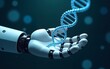 © Thomas - Hand of robot holding biotechnology DNA strand, genetic research bioengineering cellular development healthcare therapy innovation diagnostics sustainability molecular medicine. High quality