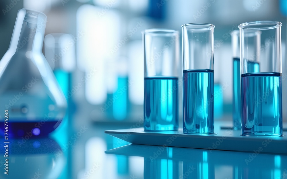 Chemical laboratory glassware with blue liquid samples in test tubes ...