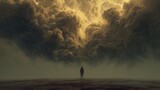 Apocalyptic Landscape: Solitary Figure Contemplates Immense, Ominous, Golden-Brown Cloudscape.