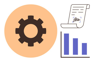 Wall Mural - Gear icon, bar chart, and signed document highlight automation, data analysis, and contract management. Ideal for productivity, workflow, analytics, strategy optimization business and planning
