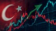 © Kdhtdg - Turkish flag overlayed on a financial stock market chart showing upward trends and economic growth
