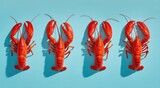 Four cooked, red crustaceans arranged in a row on a bright, aquamarine background