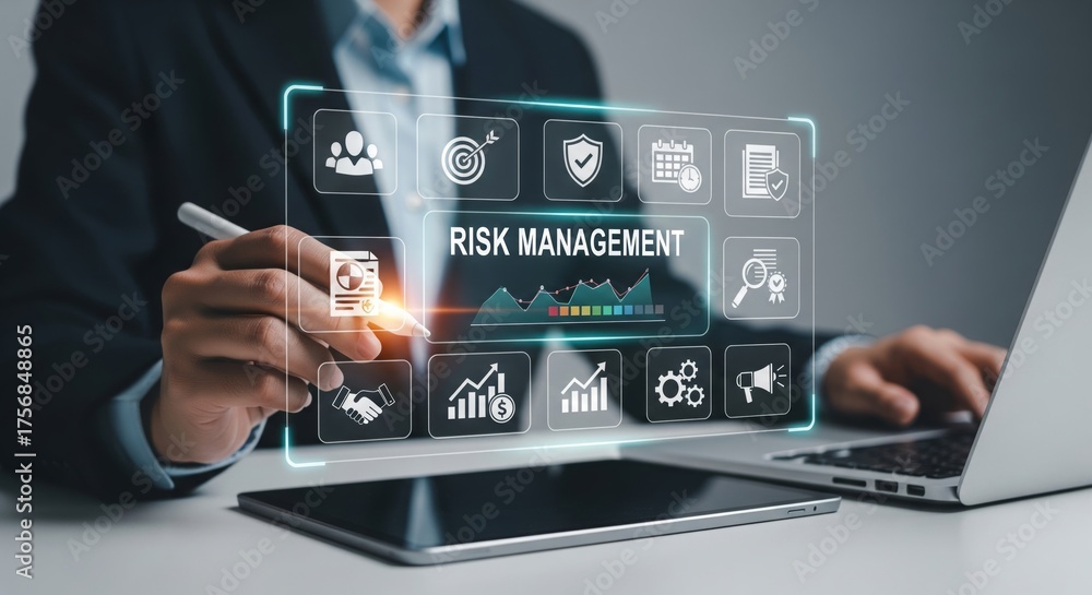 Risk Management Dashboard Above Laptop — Stylus Interaction with Vector ...