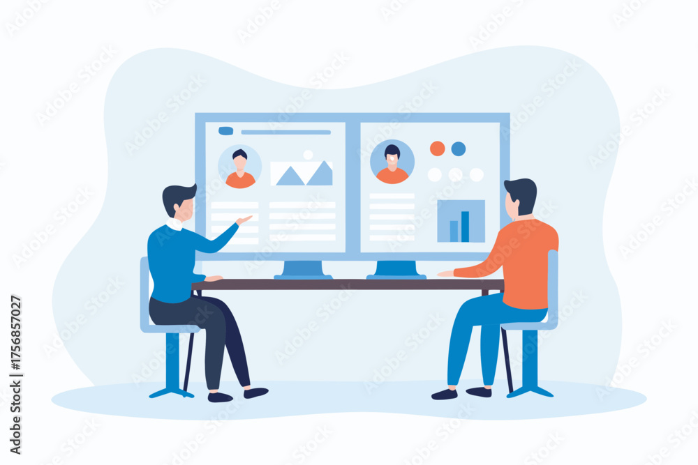 Two people collaborating and discussing data on a large computer screen ...