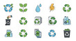 © Shmai - Collection of ecology and recycle icons recycle symbol, plant, water drop, light, trash can, paper, and electronic