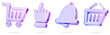 © marozhkastudio - Ecommerce, retail and shopping 3d icon set. Glass holographic cart, hand click, notification bell and basket, isolated elements for online store, internet shop, market or supermarket. 3D illustration