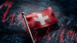 © Kdhtdg - A small swiss flag waving gently against a blurred background of financial charts and stock market data representing economic activity and global investment