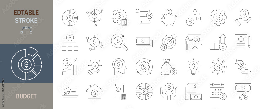 Budget icon set. Containing savings, expenses, income, allocation ...