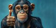 © mobile - Close-up of a young chimpanzee giving a thumbs up gesture with a calm and confident expression against a plain blue background