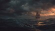 © Hot - stormy sea at dusk, torn sail on an old sailing ship, dark clouds and lightning in the distance, dolphin wounded by a propeller under turbulent