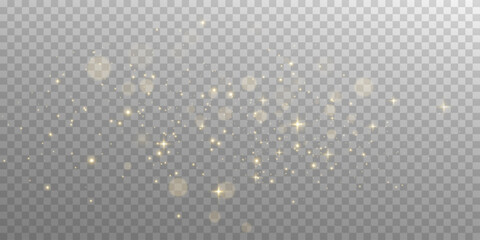 Luxury golden glitter dust and bokeh glow effect. Shiny gold light overlay for abstract festive background, celebration, or elegant design decoration.