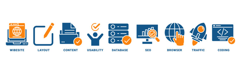 Web Design icon set vector concept with icon of wibesite, layout, content, usability, database, seo, browser, traffic, coding 
